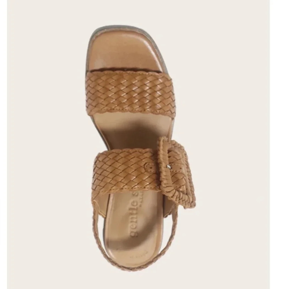 Gentle Souls Madylyn woven Leather Block Heel Sandals Cognac Brown Size 9